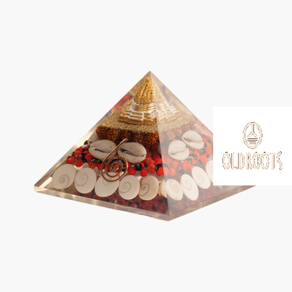 Shri Yantra & Gomti Chakra Orgonite Pyramid - Rudraksha, Gomati Chakra, Chirmi & Kaudi Shells (Wealth Pyramid) - Image 3