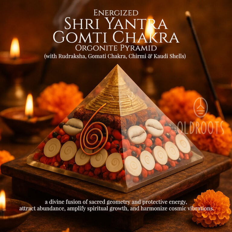Shri Yantra & Gomti Chakra Orgonite Pyramid - Rudraksha, Gomati Chakra ...