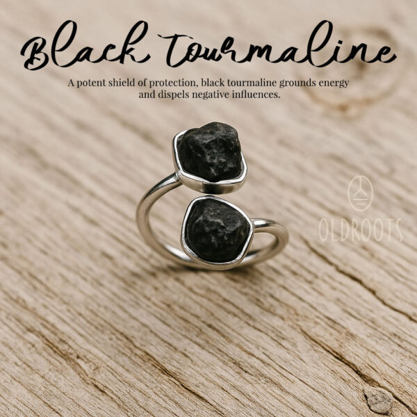 Natural Raw Black Tourmaline Ring - Double Stone